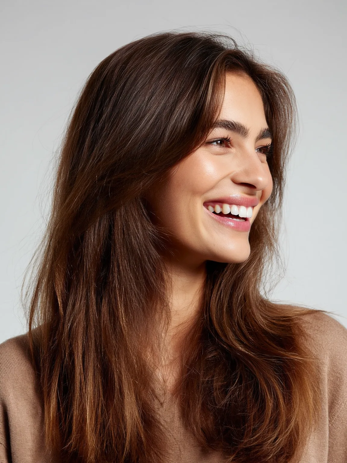Long Soft Layers with Curtain Bangs in Chestnut Brown